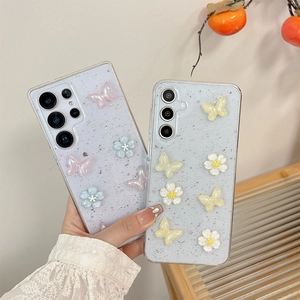 Stereo glitter phone case with 3D resin flowers and butterfly for Samsung S24 and S25 Ultra