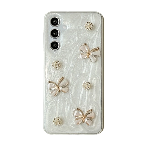 Sparkly white phone case with 3D butterflies and white roses for Samsung Galaxy S23 Ultra