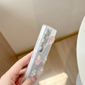 Detailed side view showing precise cutouts and 3D resin bears on clear glitter phone case