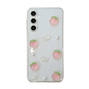 Sparkly glitter clear case for Samsung A14 S24 with 3D pink peaches and pearls