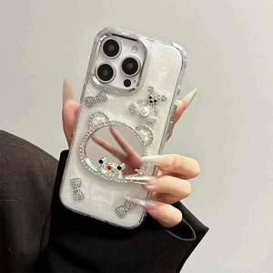 Luxury iPhone glitter case with pearl bear charm and bear-shaped mirror decoration
