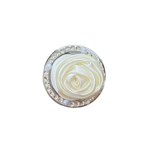 Magnetic flower phone socket with cream satin camellia and rhinestone pearl trim
