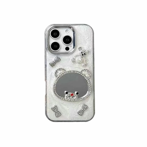 Sparkly white phone case with pearl bow, glitter texture and mini bear mirror for iPhone