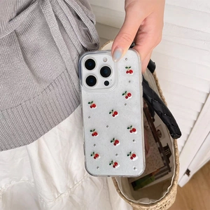 Glitter clear iPhone case with 3D red cherry charms and silver studs for women