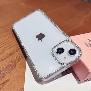 Macro view of clear phone case with sparkling rhinestones on lens and silver frames