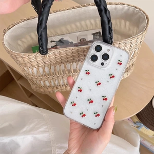 Transparent glitter phone case with 3D red cherries and silver beads for iPhone 15 Pro Max