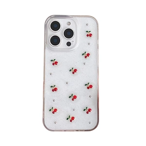 Sparkly glitter cherry clear phone case for iPhone with 3D red charms and silver beads