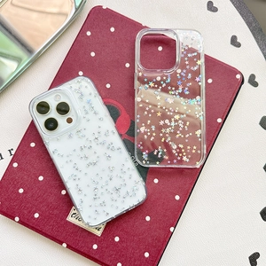 Custodia trasparente per iPhone con motivi di stelle olografiche argentate su sfondo bianco
