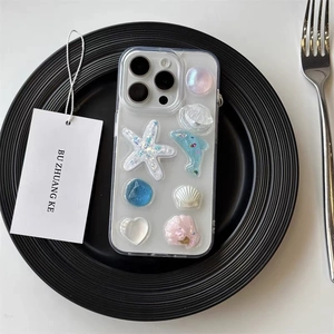 Coque Téléphone Transparente TPU Thème Océan 3D Étoile De Mer Dauphin Künstliche Perle Cœur Pailletée Pour Femmes