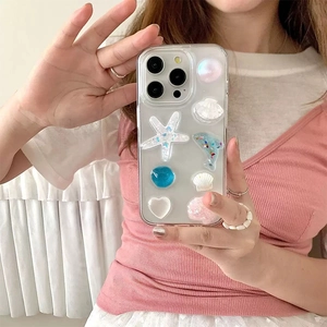 Détails de la coque iPhone transparente avec breloques 3D étoile de mer et perles