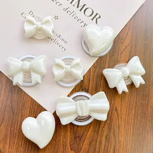 Phone Airbag Holder Griptok Resin Artificial Pearl White Glitter Heart Bow Foldable Stretchable Magnetic Adhesive Decorative For Women