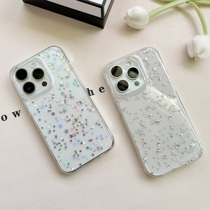 Dettaglio di cover trasparenti per iPhone con motivi di stelle argentate e laserate