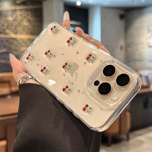 Sparkly cherry rhinestone and silver star sequin clear case for iPhone 16 Pro Max