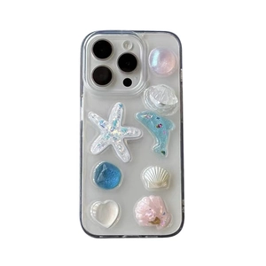 Coque iPhone transparente avec breloques océaniques, coquillages et dauphins 3D