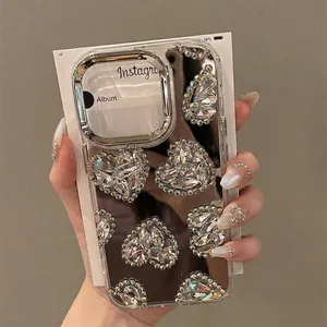 Luxury rhinestone heart mirror case for iPhone with glittering crystal embellishments