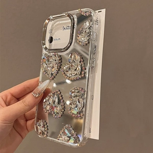Mirror heart rhinestone iPhone case with luxury 3D crystals and protective bumper