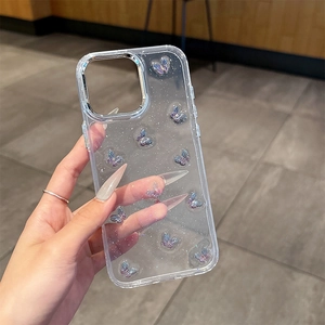 Coque iPhone transparente avec papillons 3D dégradés et paillettes argentées