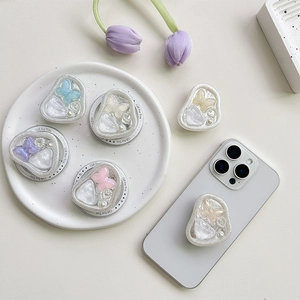 Sparkly butterfly and pearl resin phone grip holder with telescopic pastel color design