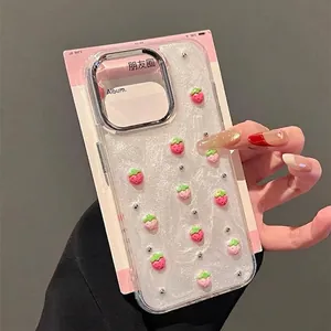 Embossed Strawberry Resin Smartphone Case TPU Glitter Shiny Anti Fall With Electroplated Frame And Silver Beads For Women
