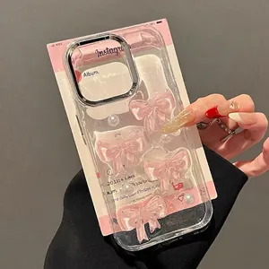 Transparente iPhone Pro Hülle mit rosa Schleifen, Perlen und Glitzer für süßen Schutz
