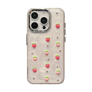 3D strawberry glitter iPhone case with pearlescent finish and silver electroplated frame