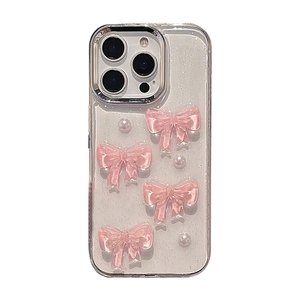 Transparente Schutzhülle mit rosa Schleifen, Perlen und Glitzer für iPhone 16 Plus 17 Pro Max