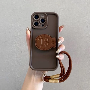 Brown leather Taiyaki phone case for iPhone 16 Pro Max with braided crossbody strap
