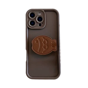 Dark mocha leather iPhone case with cute fish-shaped phone grip and crossbody strap