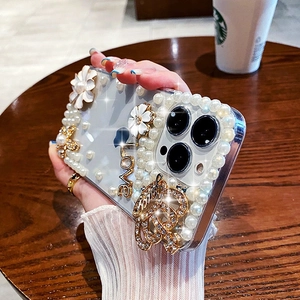 Luxury transparent floral phone case for Samsung S24 Ultra with pearls and crown