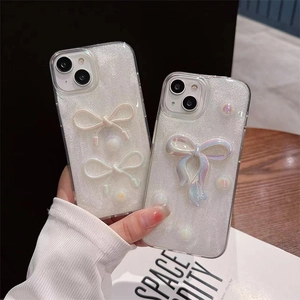 Luxury 3D Bowknot Phone Case With Glitter Drip Glue Artificial Pearl And Heart Decor For Women TPU Shockproof Protective Cover