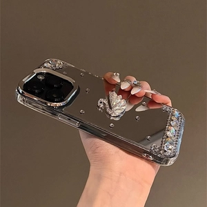Custodia per iPhone a specchio di lusso con cigno di strass e gemme brillanti