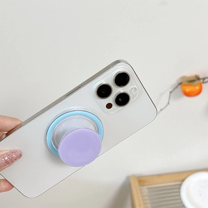 Pastel lavender and baby blue expanding pop socket grip on a white smartphone