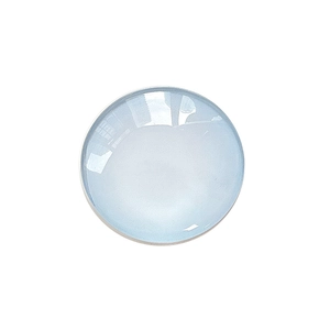 Minimalist crystal glass circular phone stand with a light blue translucent convex finish