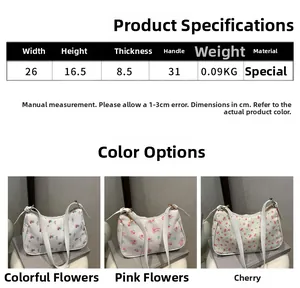 Size specifications for small floral shoulder bags with exact dimensions and light weight