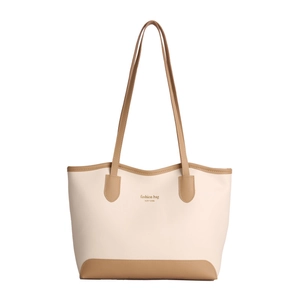 Grand sac cabas tendance bicolore crème et marron avec logo New York et poignées