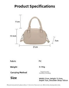 Detailed dimension chart for cream embossed PU leather handbag showing sizes and specs