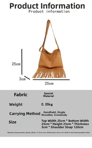 Detaillierte Größentabelle für braune Wildledertasche mit Fransen und Abmessungen