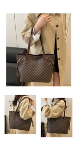 Macro detail of dark brown tote bag featuring luxury M-pattern and gold metal hooks