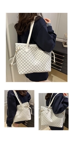Three lifestyle views of a white tote bag with M-pattern print and slim straps