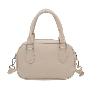 Chic minimalist cream PU leather bowling bag with embossed bow and heart patterns
