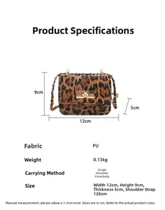 Detailed size specifications for leopard print mini crossbody bag with metal chain strap