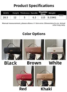 Detailed specs of woven PU leather shoulder bag with CD metal logo buckle in five colors