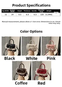 Detailed size specifications for mini crossbody bag with lace trim and bow accent