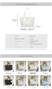 Detailed size chart for the quilted butterfly tote bag with dimensions and key features