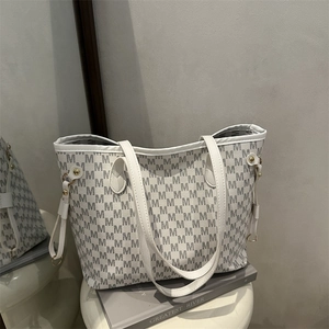 Retro 2025 large capacity white tote bag with grey monogram print and gold hardware