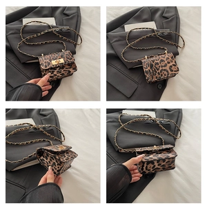 Detailed views of leopard print mini bag with gold twist lock and quilted texture