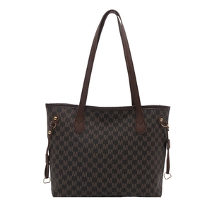 Retro 2025 large capacity tote bag with dark brown monogram print and golden metal buckles