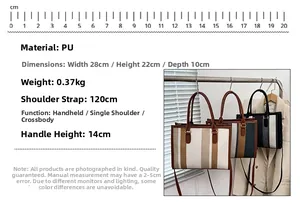 Detailed dimensions of striped PU leather tote bag showing size parameters and handle height