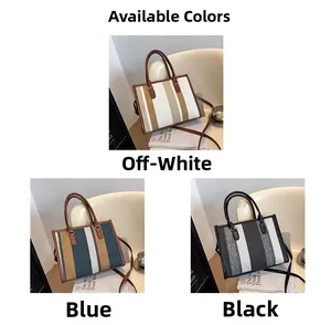 Three color variants of striped canvas tote bags with leather handles and straps