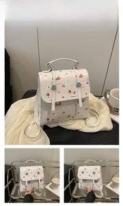 Détail d'un mini sac à dos blanc en PU avec motifs cerises et chiots et poignée